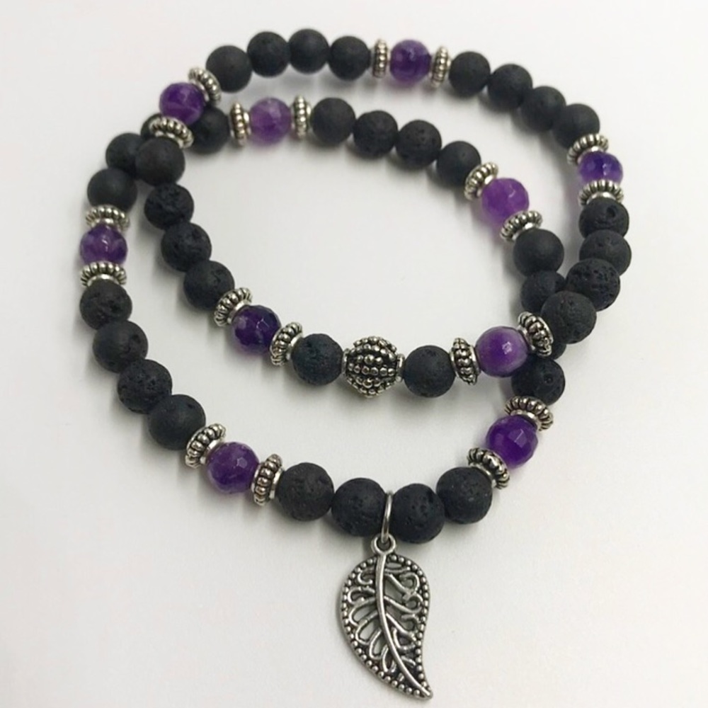 Genuine Amethyst & lava rock leaf bracelets set - Picture 6 of 9